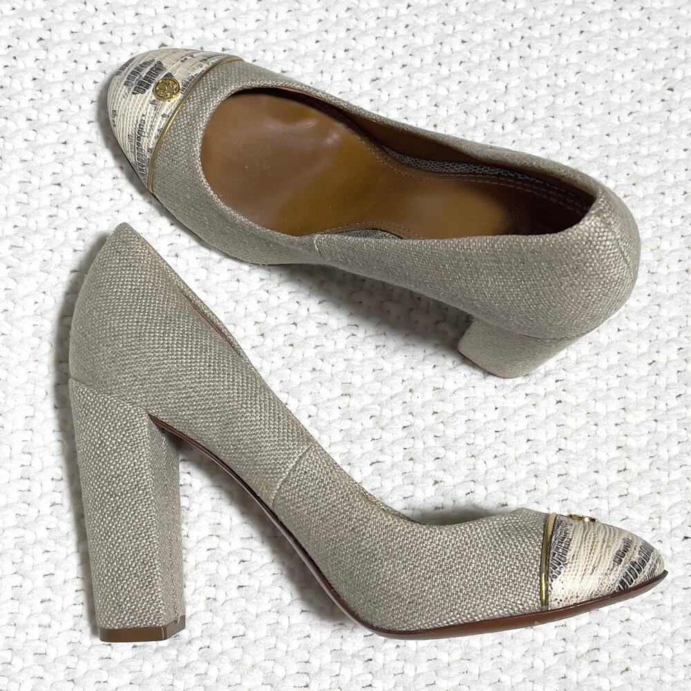 Tory Burch SZ 7 Beige Canvas Block Heel - Picture 10 of 10